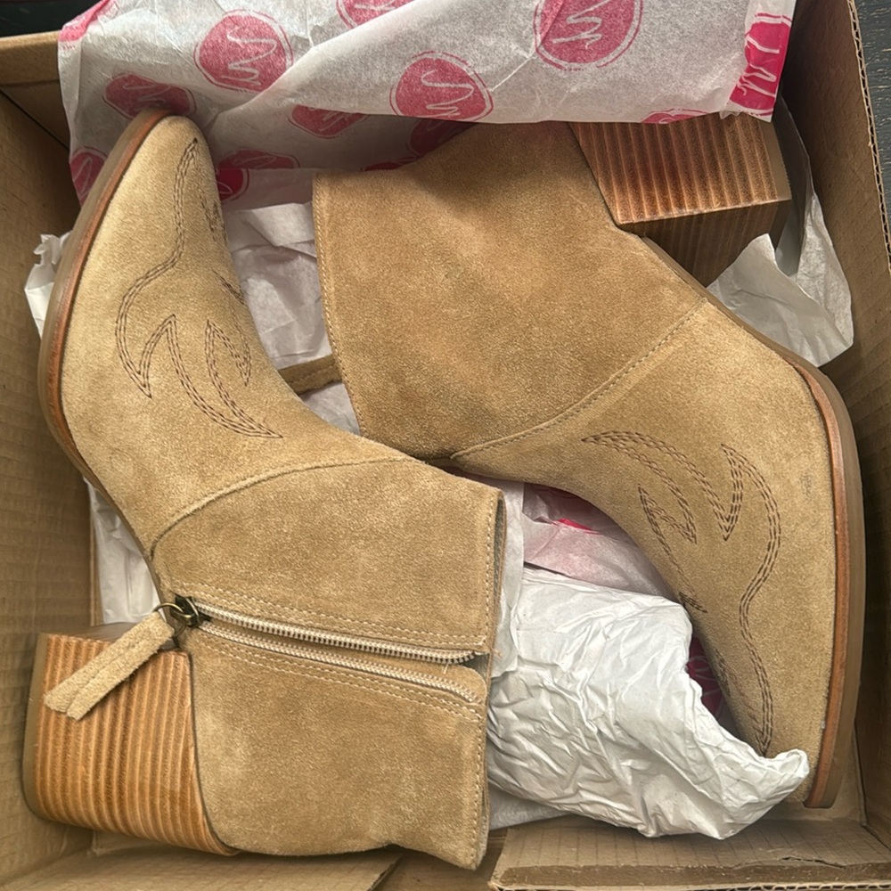 These are suede with a block heel. Comfortable and stylish.